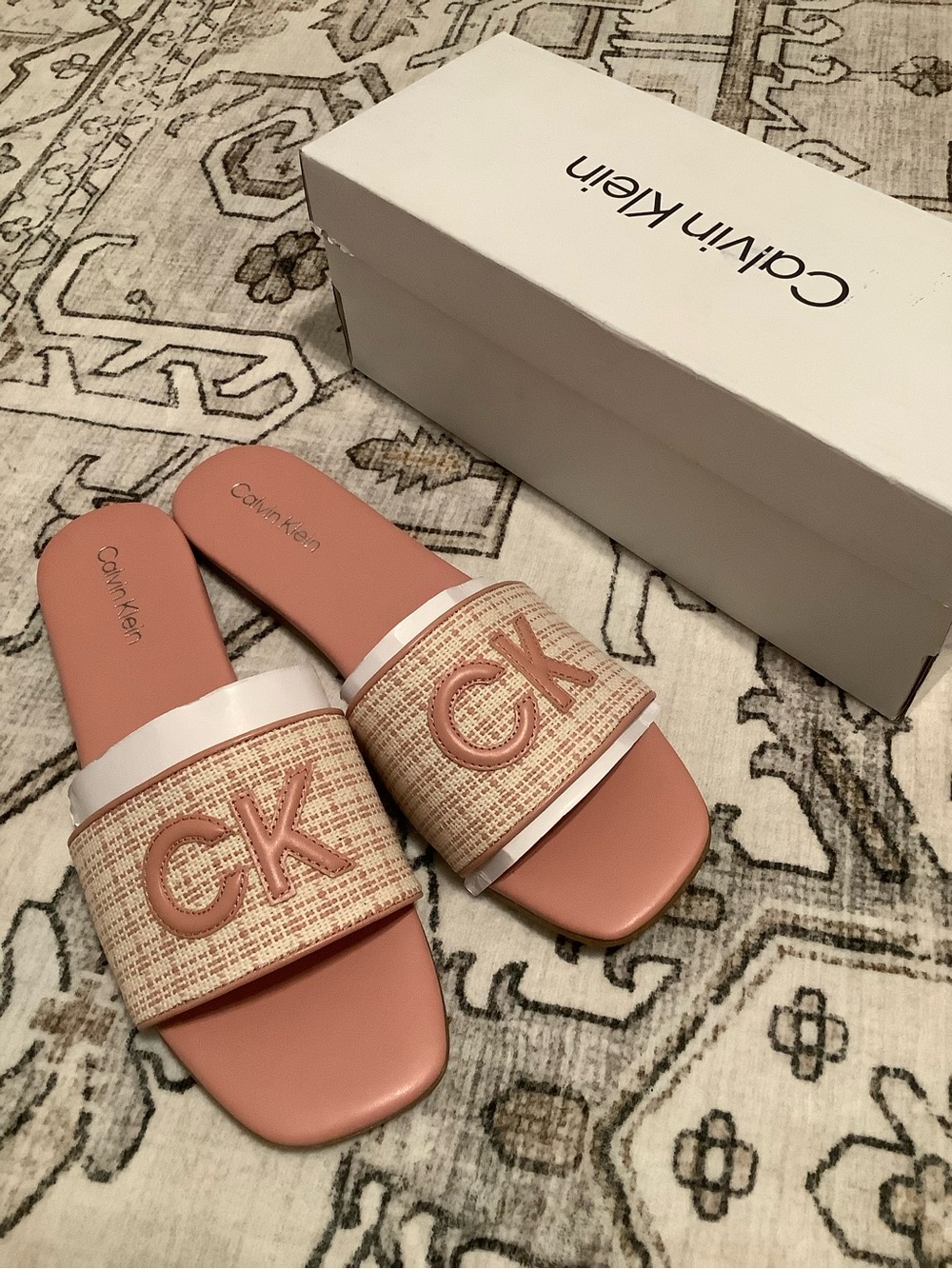 Calvin Klein Pink & Natural CK Slide Mules-NIB